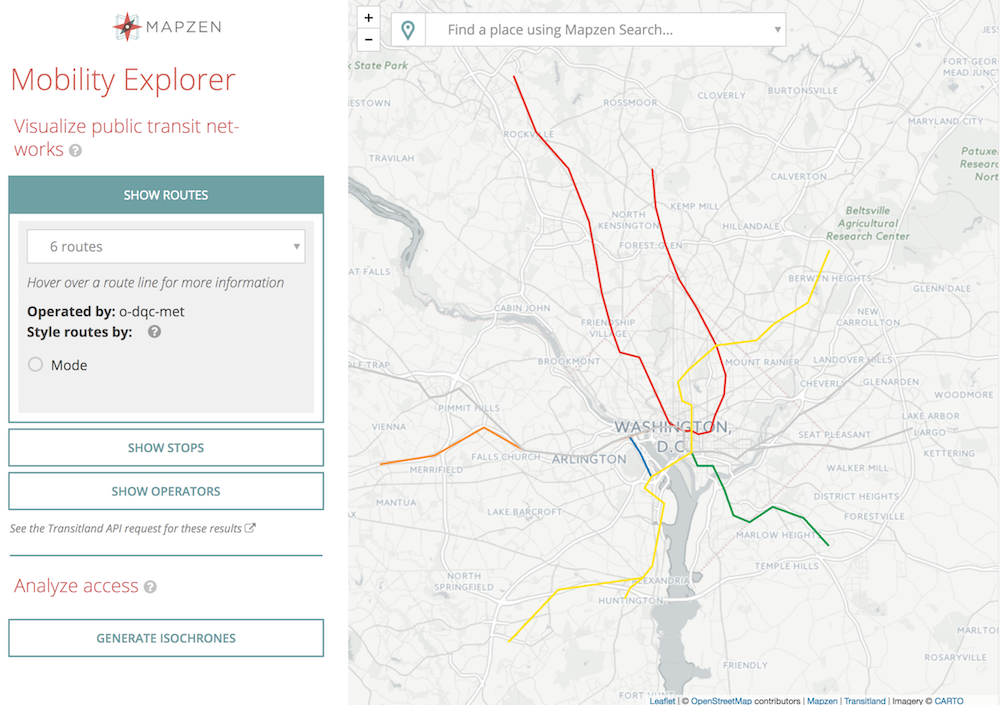 Mapzen Mobility Explorer showing DC metro routes