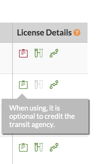screenshot of Transitland Feed Registry: mousing over an informational license icon